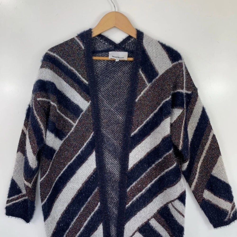 Heartloom Women’s cardigan sweater blue fuzzy metallic open Dolman sleeves small